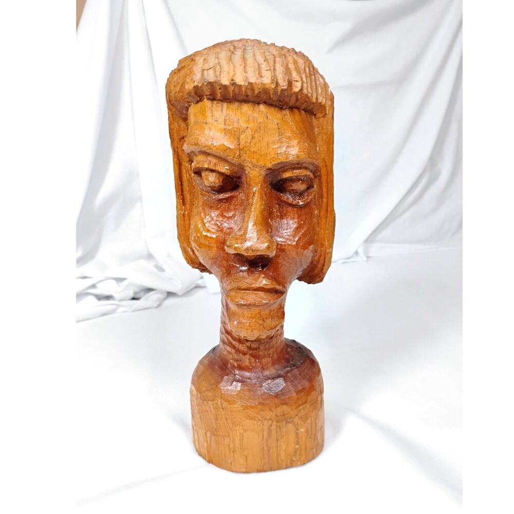 Hand Carved Wood Bust African Woman Folk Art Sculpture 12" Decorative Figure